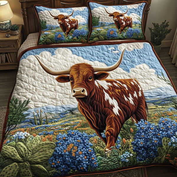 Texas Longhorn quilted 3-piece bedding set on a made bed in a rustic timber bedroom