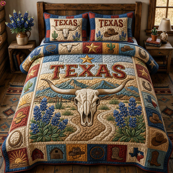 Texas Longhorn quilted 3-piece bedding set on a made bed in a rustic timber bedroom