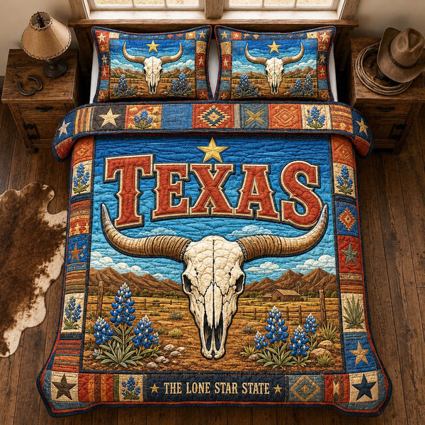 Texas Longhorn Skull quilted 3-piece bedding set on a made bed against a dark styled interior