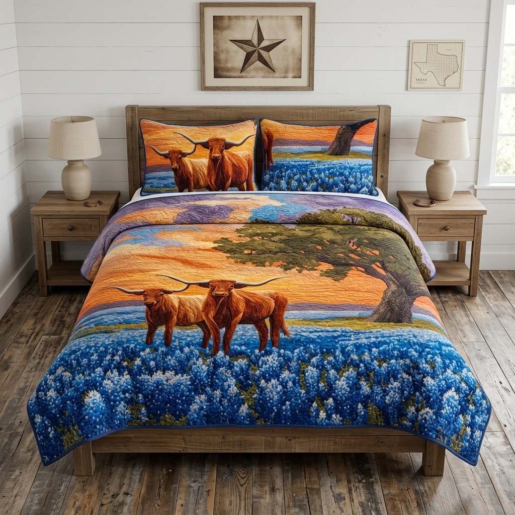 Texas Longhorn Sunset quilted 3-piece bedding set on a made bed in a rustic timber bedroom