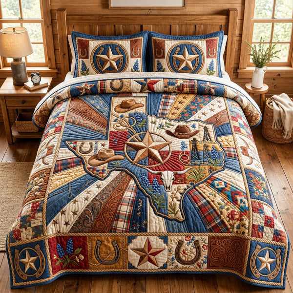 Texas Map quilted 3-piece bedding set on a made bed in a rustic timber bedroom
