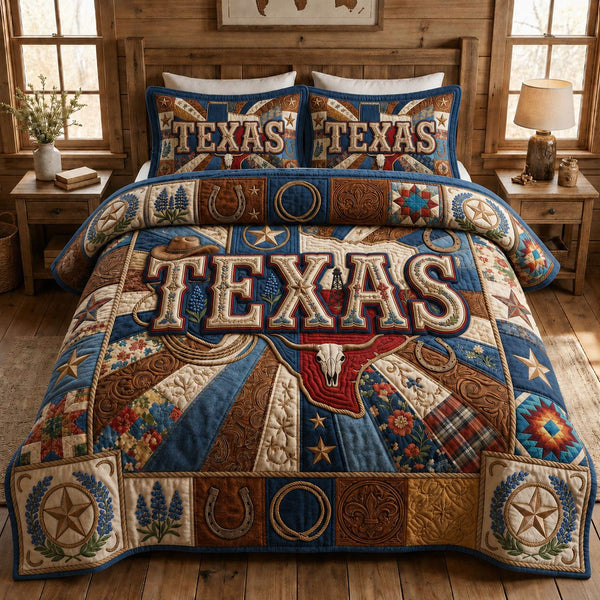 Texas Map quilted 3-piece bedding set on a made bed in a rustic timber bedroom