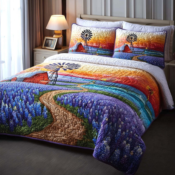Texas Meadow quilted 3-piece bedding set on a made bed in a rustic timber bedroom