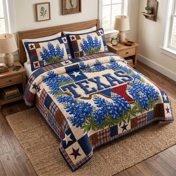 Texas Meadow quilted 3-piece bedding set on a made bed in a rustic timber bedroom