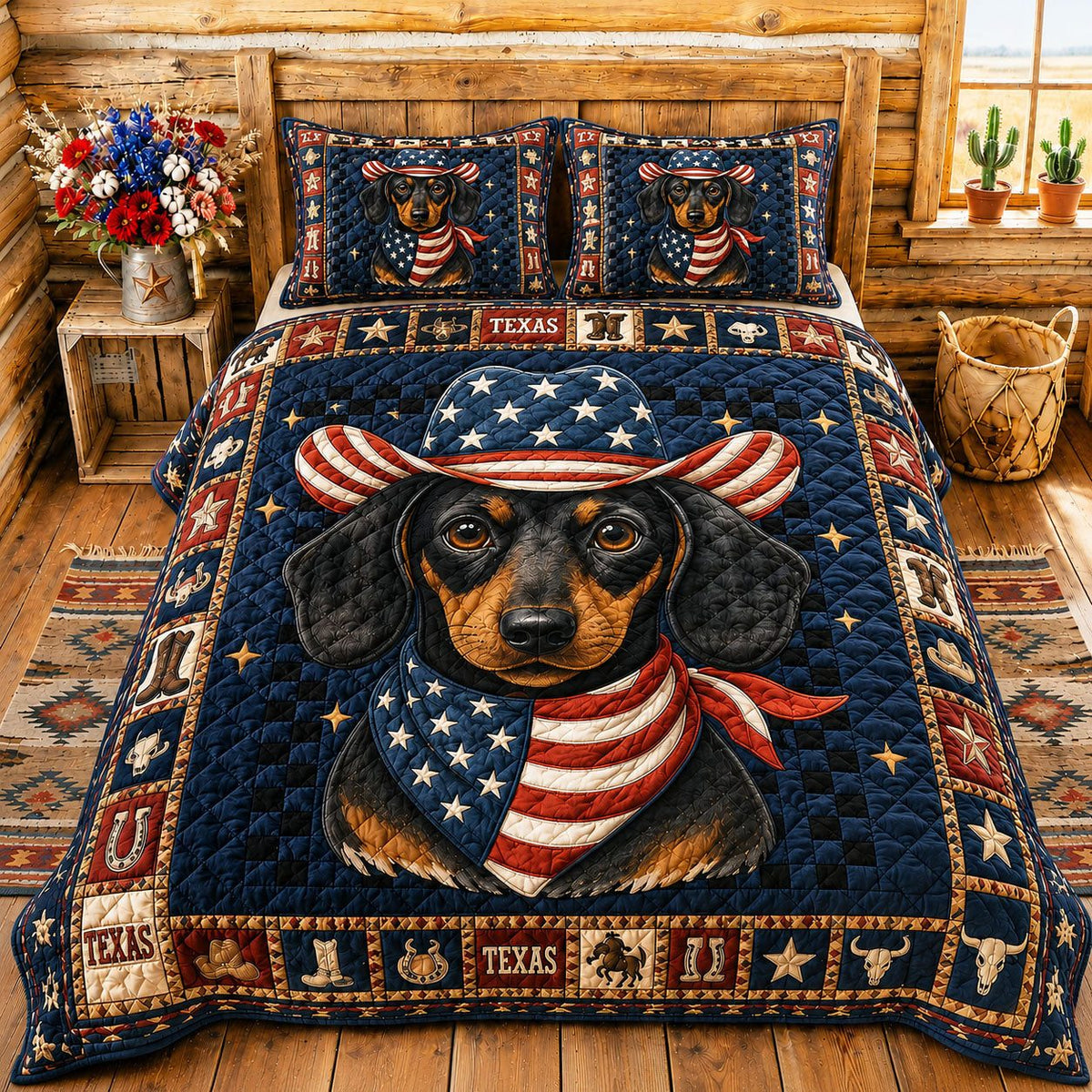 Texas Patriot Dachshund quilted 3-piece bedding set on a made bed in a warmly lit bedroom
