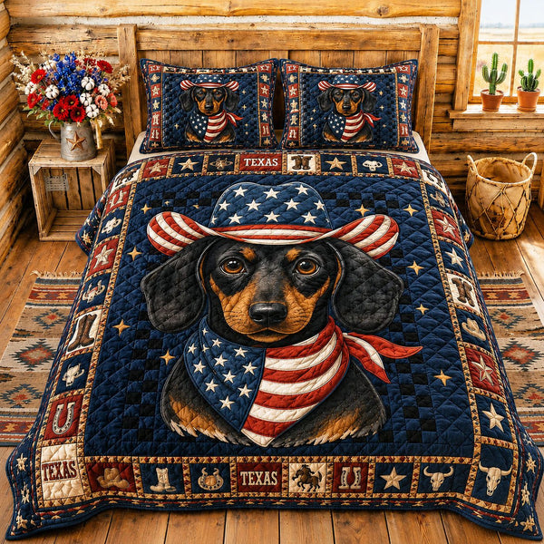 Texas Patriot Dachshund quilted 3-piece bedding set on a made bed in a warmly lit bedroom