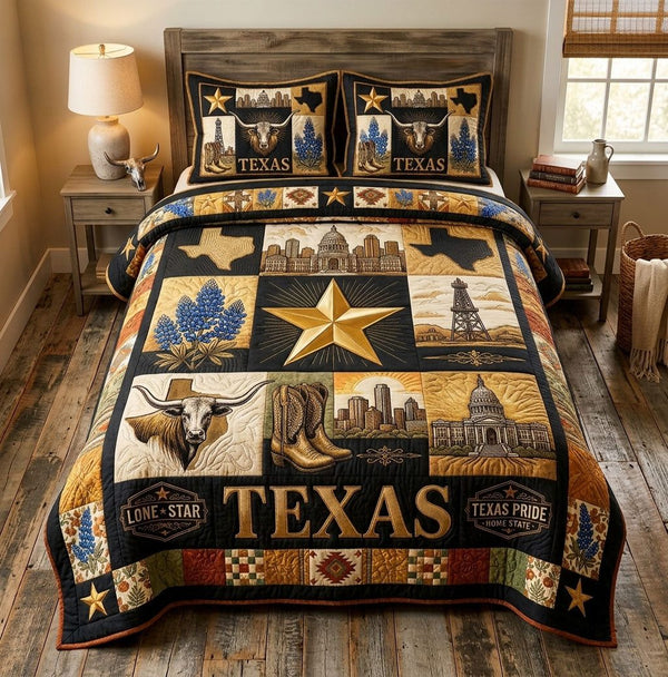 Texas Pride Lone Star Heritage quilted 3-piece bedding set on a made bed in a rustic timber bedroom