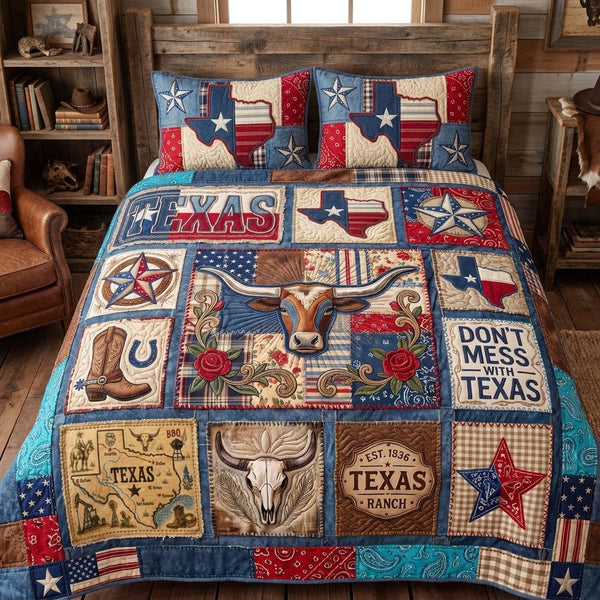 Texas Pride Longhorn quilted 3-piece bedding set on a made bed in a rustic timber bedroom