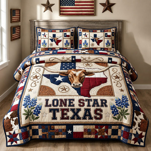 Texas Pride quilted 3-piece bedding set on a made bed in a rustic timber bedroom