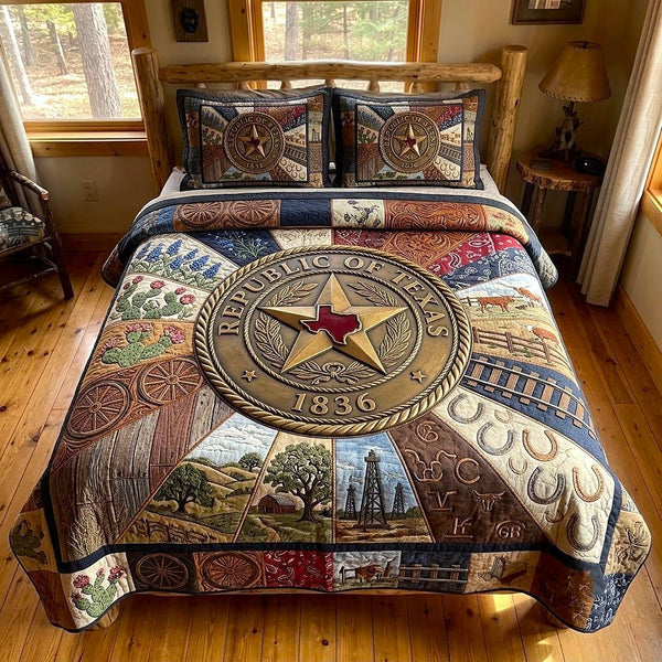 Texas Pride quilted 3-piece bedding set on a made bed in a rustic timber bedroom