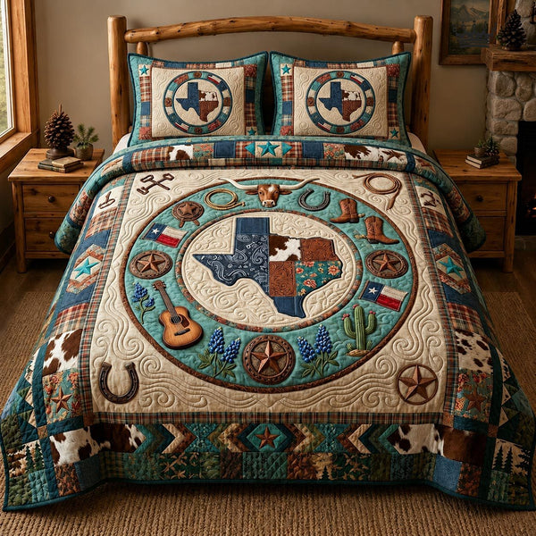 Texas Pride quilted 3-piece bedding set on a made bed in a rustic timber bedroom
