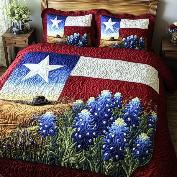 Texas Pride quilted 3-piece bedding set on a made bed in a rustic timber bedroom