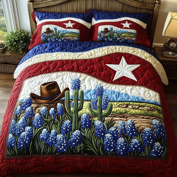 Texas Pride quilted 3-piece bedding set on a made bed in a rustic timber bedroom