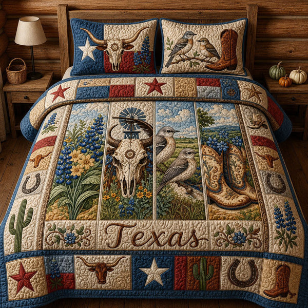 Texas Pride quilted 3-piece bedding set on a made bed in a rustic timber bedroom
