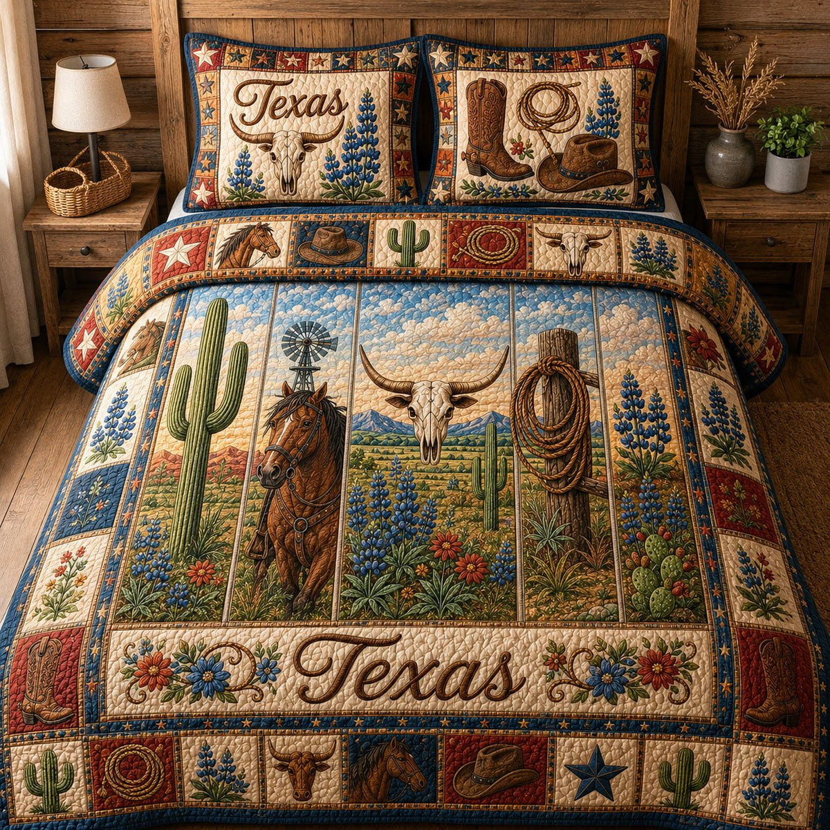 Texas Pride quilted 3-piece bedding set on a made bed in a rustic timber bedroom