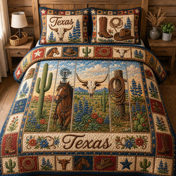 Texas Pride quilted 3-piece bedding set on a made bed in a rustic timber bedroom