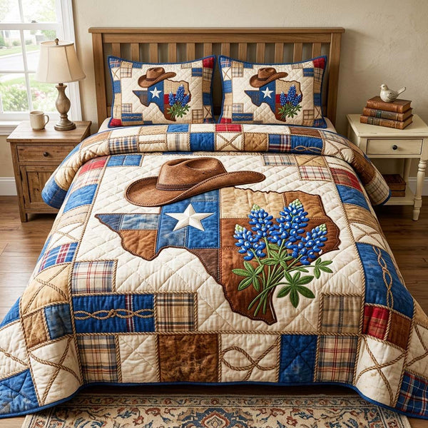 Texas Pride quilted 3-piece bedding set on a made bed in a rustic timber bedroom