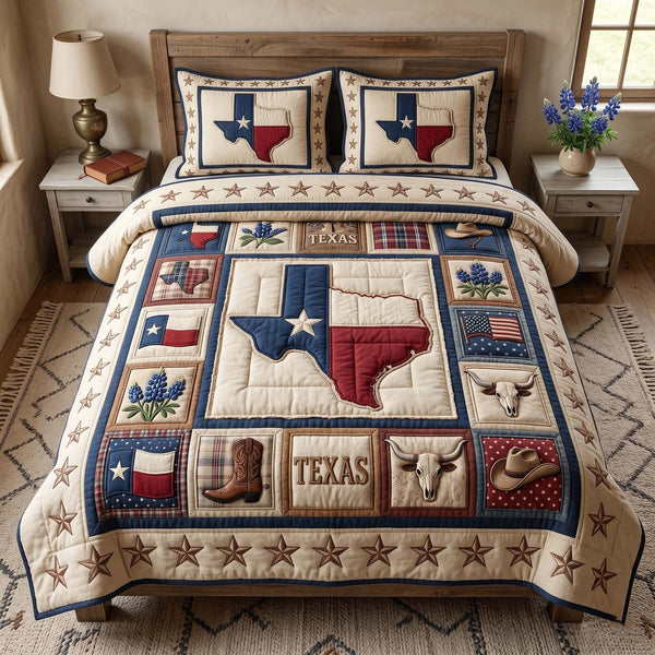 Texas Pride quilted 3-piece bedding set on a made bed in a rustic timber bedroom
