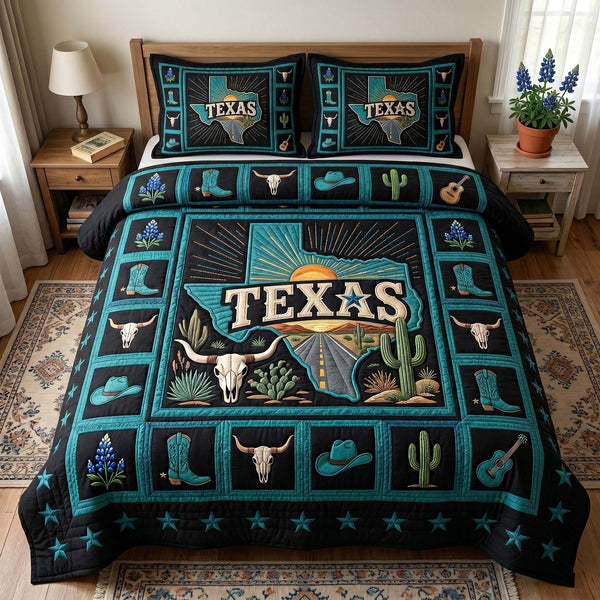 Texas Pride quilted 3-piece bedding set on a made bed in a rustic timber bedroom