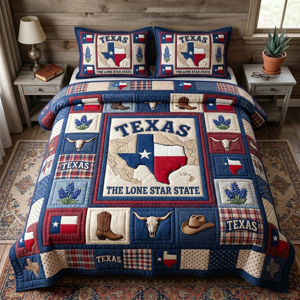 Texas Pride quilted 3-piece bedding set on a made bed in a rustic timber bedroom