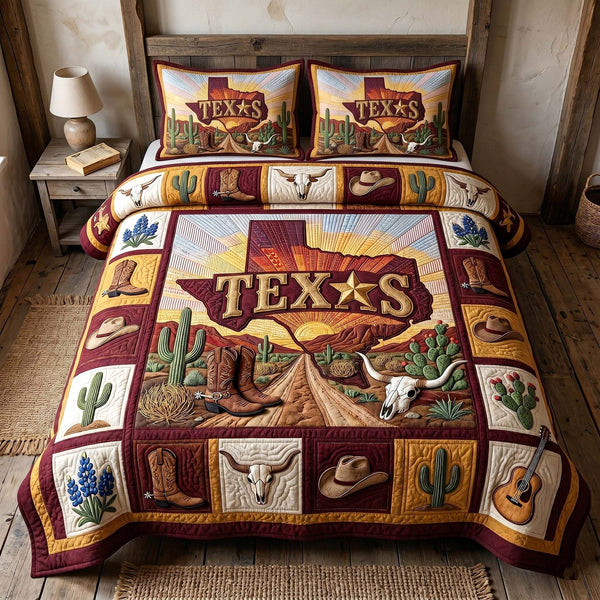 Texas Pride quilted 3-piece bedding set on a made bed in a rustic timber bedroom