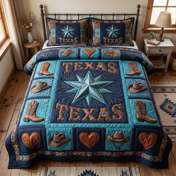 Texas Pride quilted 3-piece bedding set on a made bed in a rustic timber bedroom