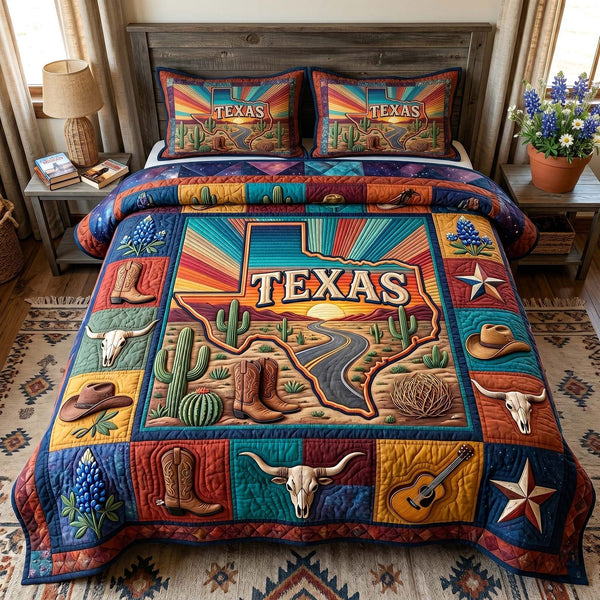 Texas Pride quilted 3-piece bedding set on a made bed in a rustic timber bedroom
