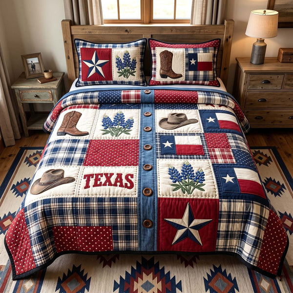 Texas Pride quilted 3-piece bedding set on a made bed in a rustic timber bedroom