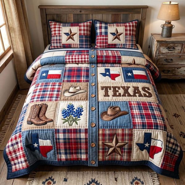 Texas Pride quilted 3-piece bedding set on a made bed in a rustic timber bedroom