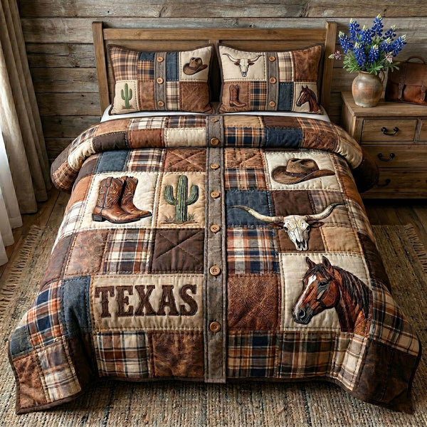 Texas Pride quilted 3-piece bedding set on a made bed in a rustic timber bedroom