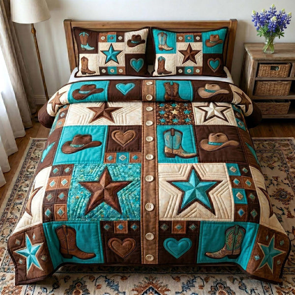 Texas Pride quilted 3-piece bedding set on a made bed in a rustic timber bedroom