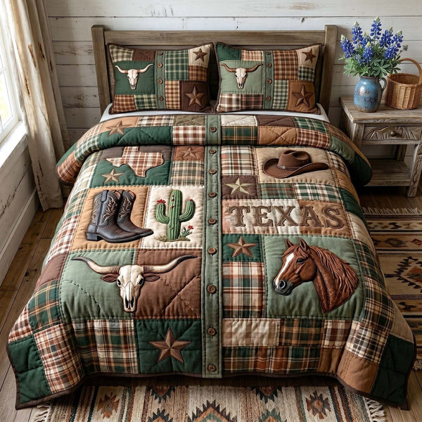 Texas Pride quilted 3-piece bedding set on a made bed in a rustic timber bedroom