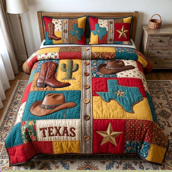 Texas Pride quilted 3-piece bedding set on a made bed in a rustic timber bedroom