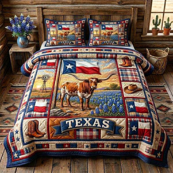 Texas Pride quilted 3-piece bedding set on a made bed in a rustic timber bedroom