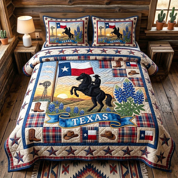 Texas Pride quilted 3-piece bedding set on a made bed in a rustic timber bedroom