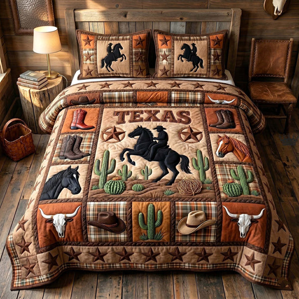 Texas Pride quilted 3-piece bedding set on a made bed in a rustic timber bedroom
