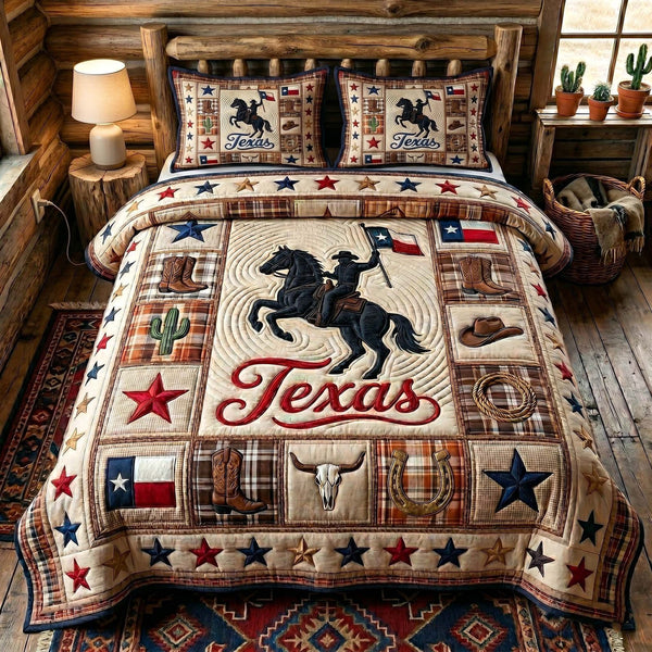 Texas Pride quilted 3-piece bedding set on a made bed in a rustic timber bedroom