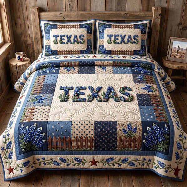 Texas Pride quilted 3-piece bedding set on a made bed in a rustic timber bedroom