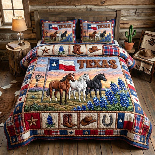 Texas Pride quilted 3-piece bedding set on a made bed in a rustic timber bedroom