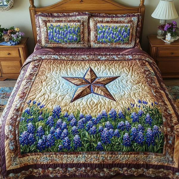 Texas Pride quilted 3-piece bedding set on a made bed in a rustic timber bedroom