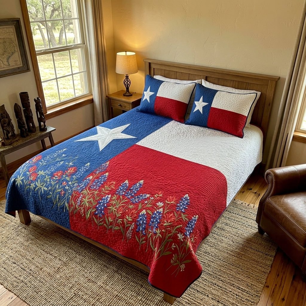 Texas Pride quilted 3-piece bedding set on a made bed in a rustic timber bedroom