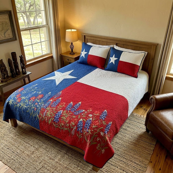 Texas Pride quilted 3-piece bedding set on a made bed in a rustic timber bedroom
