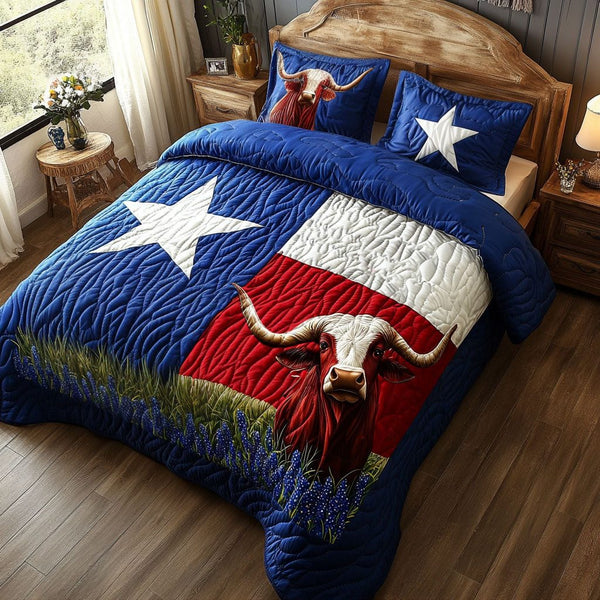 Texas Pride quilted 3-piece bedding set on a made bed in a rustic timber bedroom