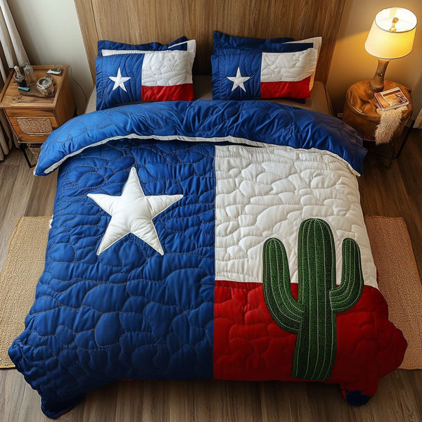 Texas Pride quilted 3-piece bedding set on a made bed in a rustic timber bedroom