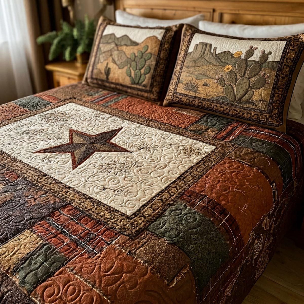 Texas Ranch quilted 3-piece bedding set on a made bed in a rustic timber bedroom