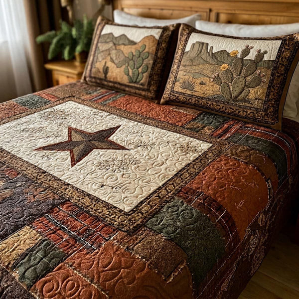Texas Ranch quilted 3-piece bedding set on a made bed in a rustic timber bedroom