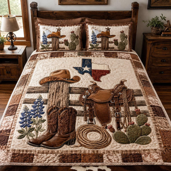 Texas Ranch Roots quilted 3-piece bedding set on a made bed in a rustic timber bedroom