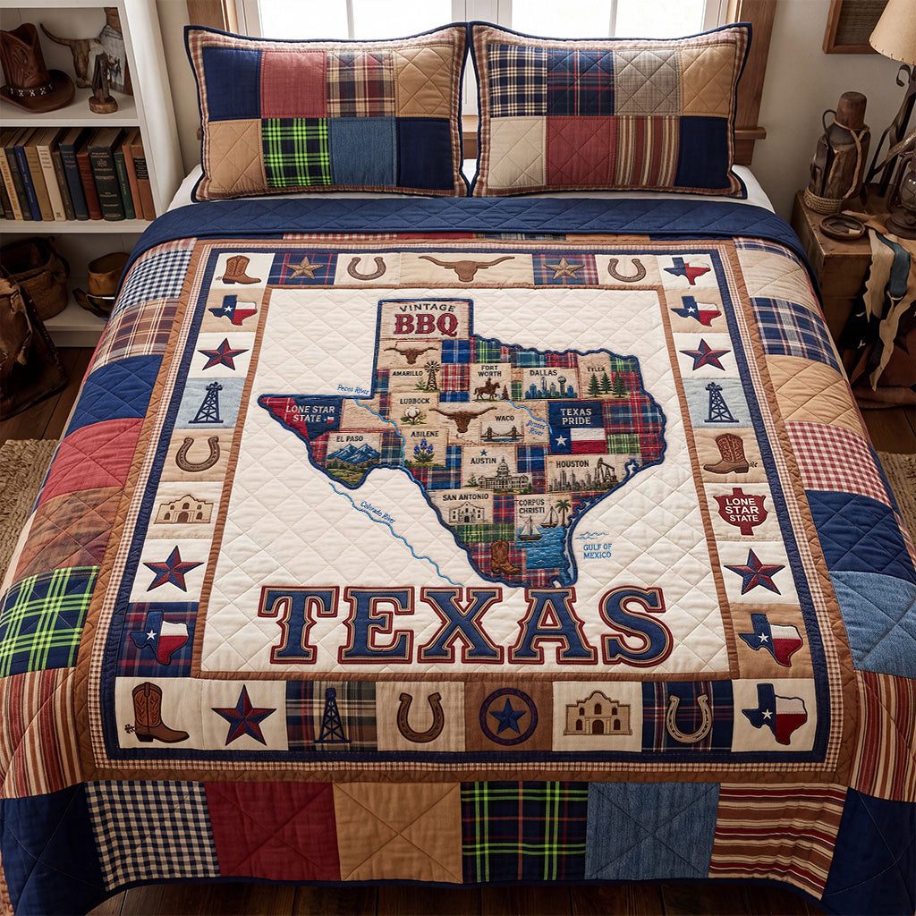 Texas Ranger Classic quilted 3-piece bedding set on a made bed in a rustic timber bedroom