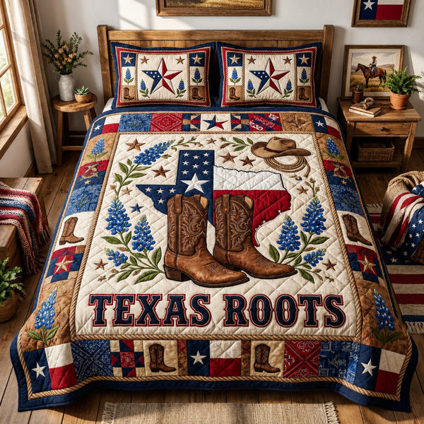 Texas Roots quilted 3-piece bedding set on a made bed in a rustic timber bedroom