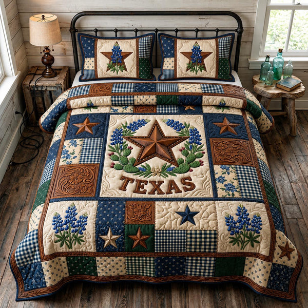 Texas Roots quilted 3-piece bedding set on a made bed in a rustic timber bedroom